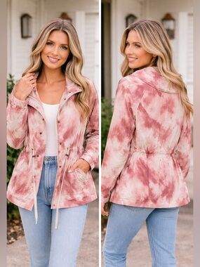 Tie-Dye Pink Anorak Jacket with Drawstring Waist - Women
